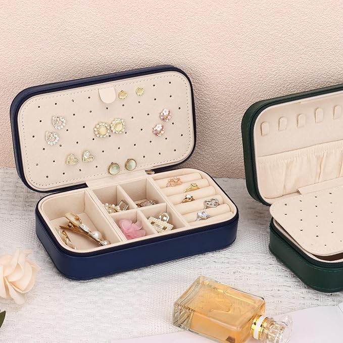 DesignSter Travel Jewelry Box, PU Leather Portable Jewelry Case, Small Jewelry Boxes for Gifts, Travel Jewelry Organizer for Women Rings Earrings Necklaces Bracelets (Dark Blue)