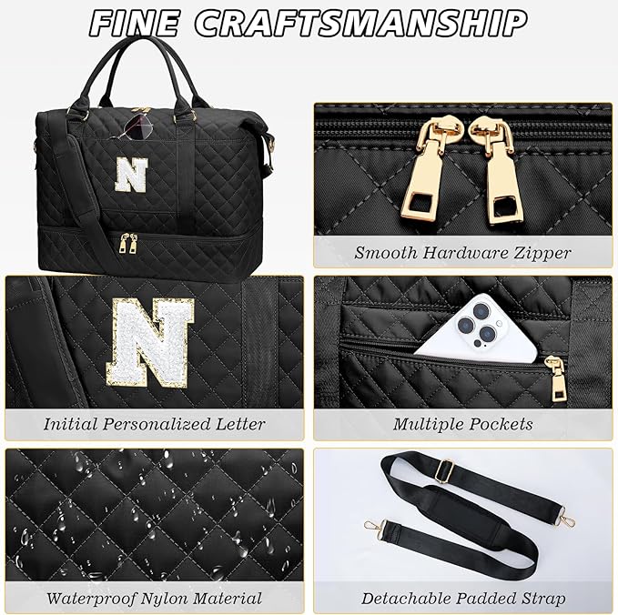 Gifts for Women Girls Christmas Initial Travel Duffle Bag Quilted Weekender Bags Carry-On Overnight with Cosmetic Bag Hospital Bag for Women Labor Delivery, Black N