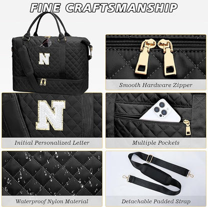 Gifts for Women Girls Christmas Initial Travel Duffle Bag Quilted Weekender Bags Carry-On Overnight with Cosmetic Bag Hospital Bag for Women Labor Delivery, Black N