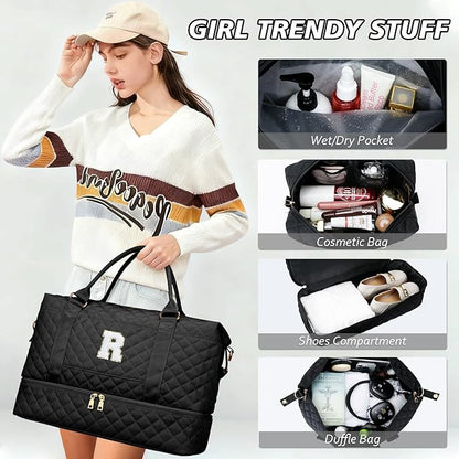 Gifts for Friend Women Girls Birthday Christmas Initial Travel Duffle Bag Quilted Weekender Bags Carry-On Overnight with Cosmetic Bag, Gym Bag with Shoe Compartment, Black R