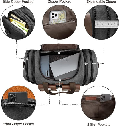 Wildroad 60L Travel Duffel Bag, Expandable Canvas Genuine Leather Duffle Bag Upgraded Overnight Weekender Bag Carry on Bag