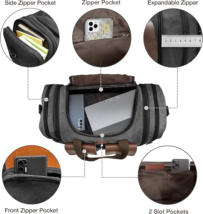 Wildroad 50L Travel Duffel Bag, Expandable Canvas Genuine Leather Duffle Bag Upgraded Overnight Weekender Carry on Bag