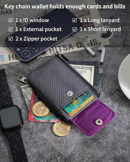 Minimalist Wallet For Mens Womens, Keychain RFID Blocking Zipper Small Wallet with ID Window 2 Lanyards,Water Resistant Travel Cash Card Coin Case Boys Girls