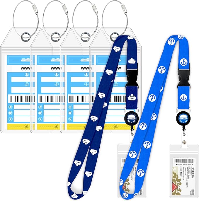 Cruise On Norwegian Luggage Tag Holders (4 Pack) & Lanyards (2 Pack) – Large, Clear, Waterproof Cruise Essentials 2025-2026 – Secure Ship Tags & Cards (Royal Blue)
