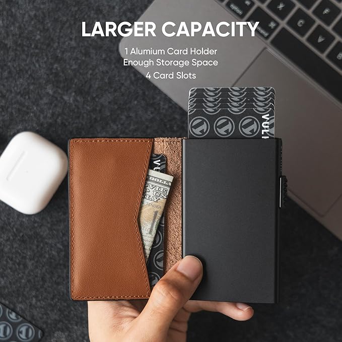 VULKIT Men's Slim Wallet Pop Up Card Holder RFID Blocking Metal Wallet Minimalist Design Holds Up to 11 Cards, Nappa Leather