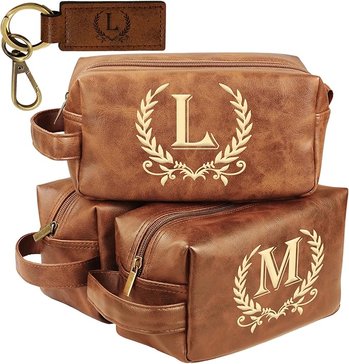 Personalized Toiletry Bag for Men Engraved Initial Leather Kit, Waterproof Travel Essentials Bag (L)