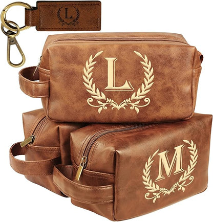 Personalized Toiletry Bag for Men Engraved Initial Leather Kit, Waterproof Travel Essentials Bag (L)