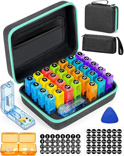 Monthly Pill Organizer 2 Times a Day, with Portable Hard Shell, Pill Cutter, 31-Day Box, Plastic Opening Pick, Monthly & Weekly Stickers, Convenient Medication Management (2 Times a Day)