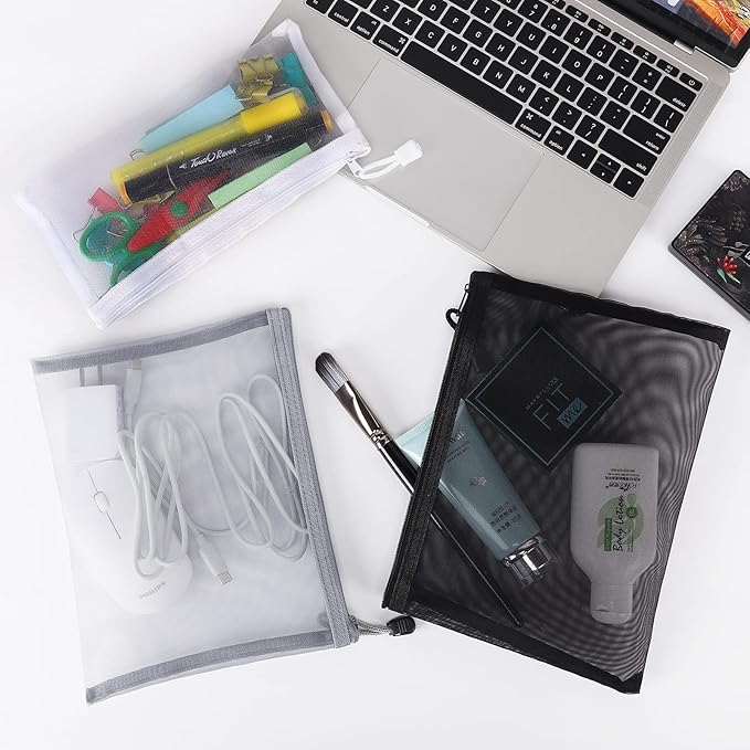 12 Pieces Zipper Nylon Mesh Pouch, Mesh Cosmetic Bags Makeup Bags Pencil Case, Multipurpose Travel Bags for Cosmetic School Office Supplies and Travel Accessories (Black,White,Grey, A5+B6)