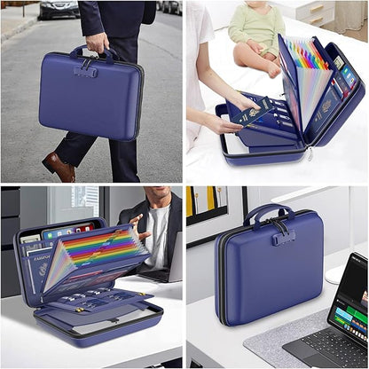 DocSafe Fireproof File Organizer with Lock, Hard-Shell Case Fireproof Document Box with 13 Pocket Accordion File Folder, Portable Home Office Travel Safe Storage for Important Documents Laptop Blue