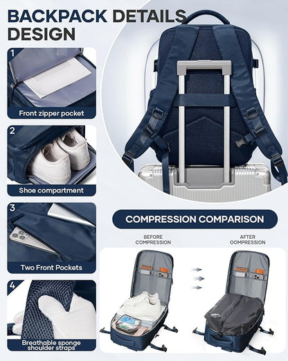 Vacuum Backpack Travel with Pump,Vacuum Seal Bags for Clothing, Shoe Compartment,United Airlines Personal Item Bag 17x10x9,Mochila compresion al vacio,Navy Blue