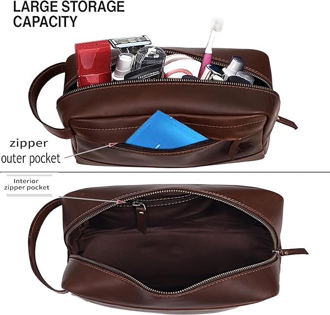 Leather Farm Premium Buffalo Leather Toiletry Bag for Men & Women - Dopp Kit With Water Resistant Lining, Shaving Pouch, Unisex Wash Bag For Toiletries, Gifts For Men and Women - Dark Brown