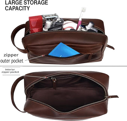 Leather Farm Premium Buffalo Leather Toiletry Bag for Men & Women - Dopp Kit With Water Resistant Lining, Shaving Pouch, Unisex Wash Bag For Toiletries, Gifts For Men and Women - Dark Brown
