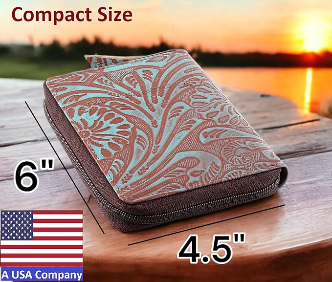 Passport Wallet - Travel Document Holder w/RFID Blocking – Full Grain Leather – Bifold compact zip around Wallet with Credit Card Slots for Women and Men,Turquoise floral,500-50