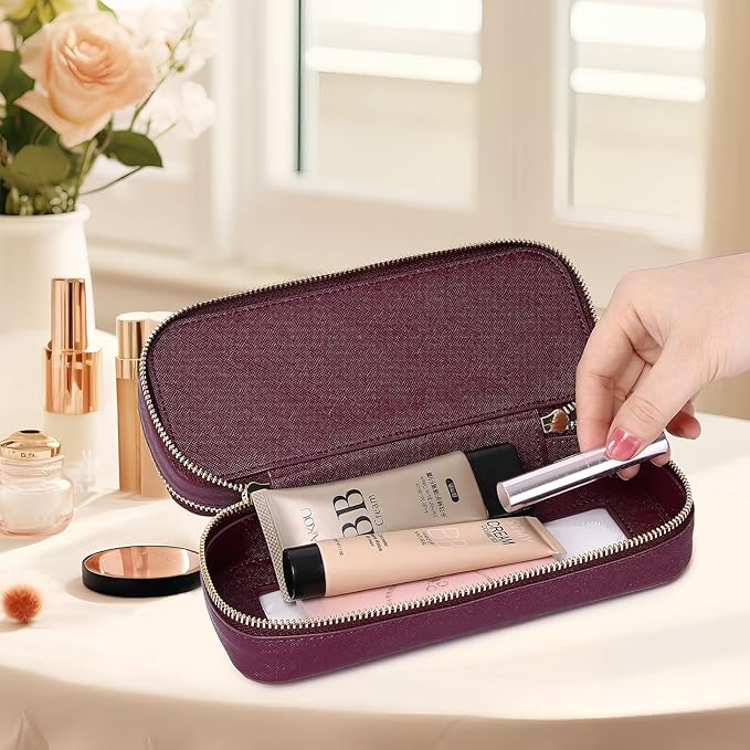 Pinkmik Double Layer Makeup Bag Makeup Brush Case Waterproof Travel Cosmetic & Toiletry Bag Purse Organizer and Car Essentials for Women (X/Burgundy, Double SLIM)