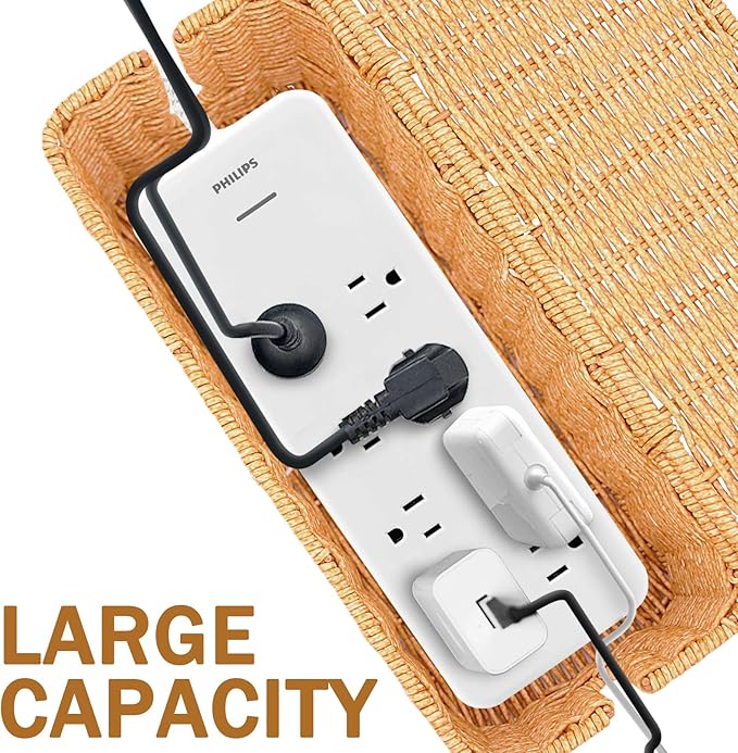 2PCS Cable Management Box, Handmade Rattan Cable Organizer, Open Slots Cords Hider Box Cord Basket Under Desk Cord Organizer for Computer Router USB Hub & Power Strip