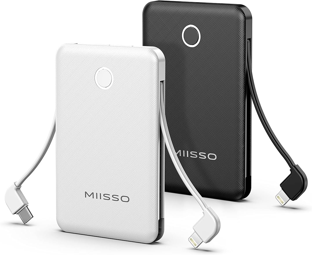 6000mah Ultra Slim Built in Cables Power Bank, Card Size Built in USB C Cords Battery Pack Portable Charger for Phones, 3 Output External Battery Pack Compatible with iPhone, 2-Pack Black & White