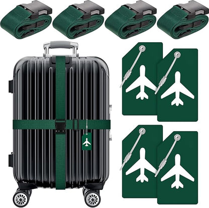 Weewooday 8 Pcs Luggage Straps Suitcase Tags Set for TSA Approved, 4 Travel Adjustable Suitcase Belt, 4 Silicone Luggage Tags with Name ID Card Travel Accessories(Dark Green,Airplane)