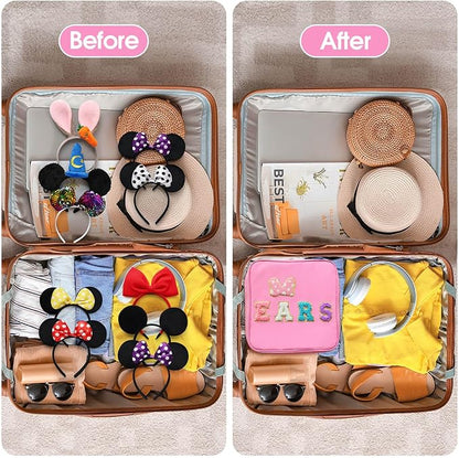 Chenille Letter Bow Mouse Ears Travel Case, Park Ears Headband Holder Hair Accessories Organizer Waterproof Bag for Girls Women Kids Adults, Large Makeup Bag Snack Bags with Zipper for Travel Picnic