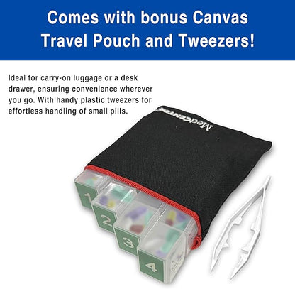 MedCenter 31-Day HSA/FSA Monthly Pill Organizer System with Talking Reminder Clock, Travel Pouch & Tweezers – 4 Daily Dose Compartments – Ideal Medication Organizer for Seniors & Low Vision Users