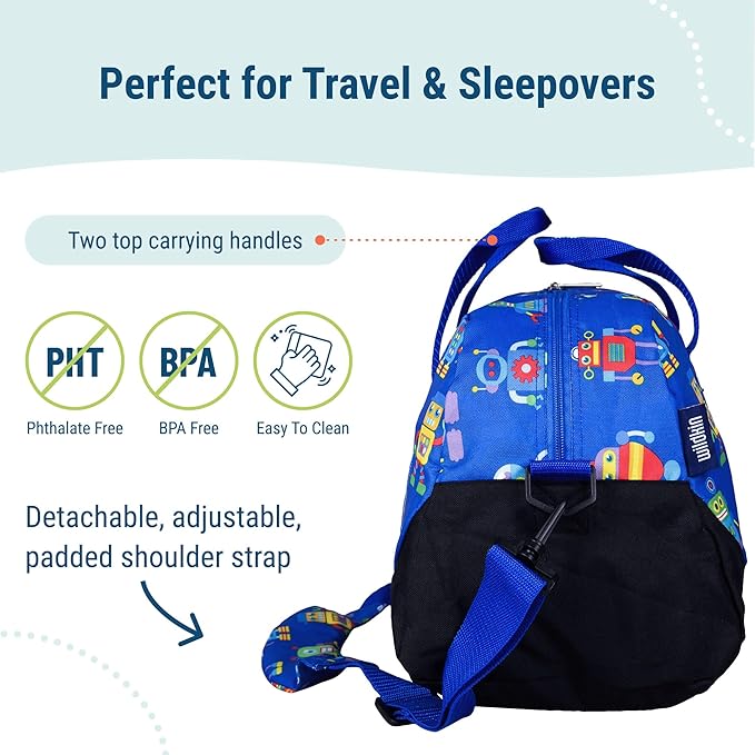 Wildkin Kids Overnighter Duffel Bag – Carry-On Size, Ideal for School & Sleepovers – Robots