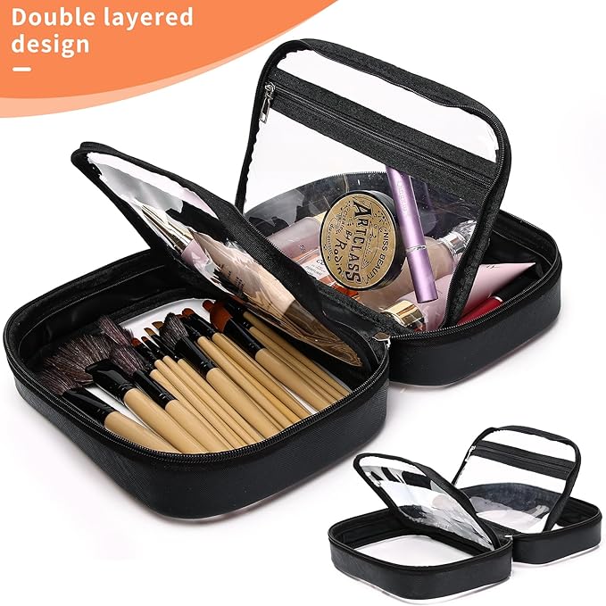 Pinkmik Travel Makeup Bag Set Portable Clear Cosmetic & Toiletry Case Women's Purse Organizer and Car Essentials with Zipper (Black, M+SLIM-2)