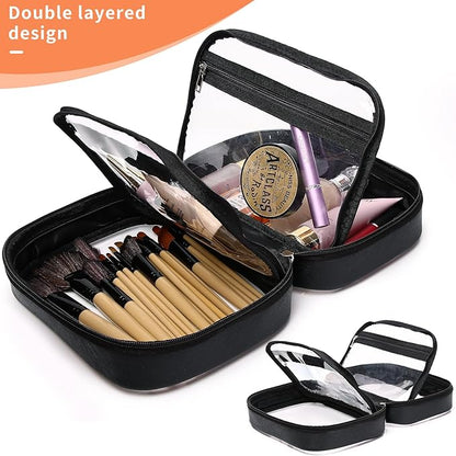 Pinkmik Travel Makeup Bag Set Portable Clear Cosmetic & Toiletry Case Women's Purse Organizer and Car Essentials with Zipper (Black, M+SLIM-2)