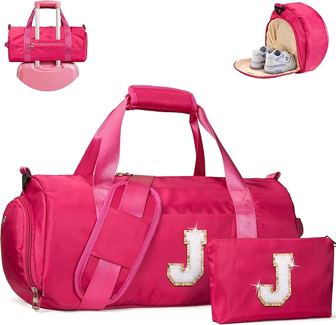 Teen Girl Gifts Trendy Stuff, Girls Travel Duffel Bag, Kids Initial Overnight Bags with Shoe Compartment, Customized Sport Gym Weekender Bag with Makeup Pouch, Birthday Gift (Letter J)