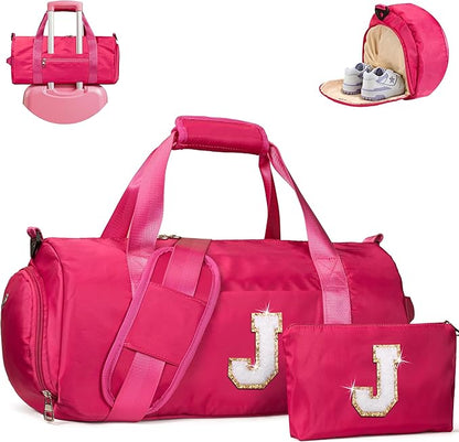 Teen Girl Gifts Trendy Stuff, Girls Travel Duffel Bag, Kids Initial Overnight Bags with Shoe Compartment, Customized Sport Gym Weekender Bag with Makeup Pouch, Birthday Gift (Letter J)