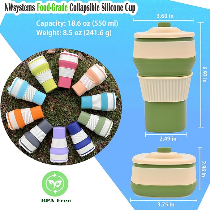 Collapsible Silicone Cup, Safe & Portable, for Hot & Cold Drinks, 18.6 oz (550 ml) - Travel, Camping, Office, and More – Sage Green