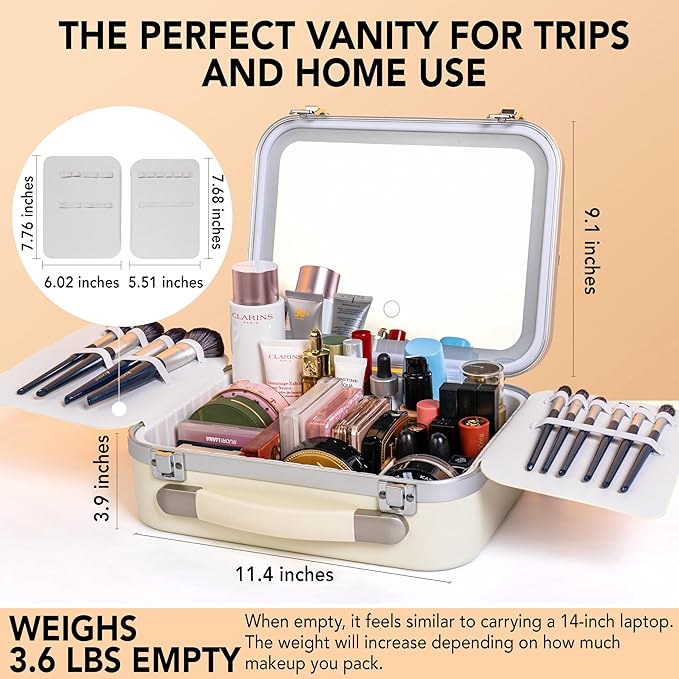 Lighted Makeup Case with Mirror - Standard Size 11.4" x 9" - Travel Makeup Train Case With Mirror - Rechargeable LED Travel Vanity Case with Adjustable Brightness - Train Case Makeup Bag - White