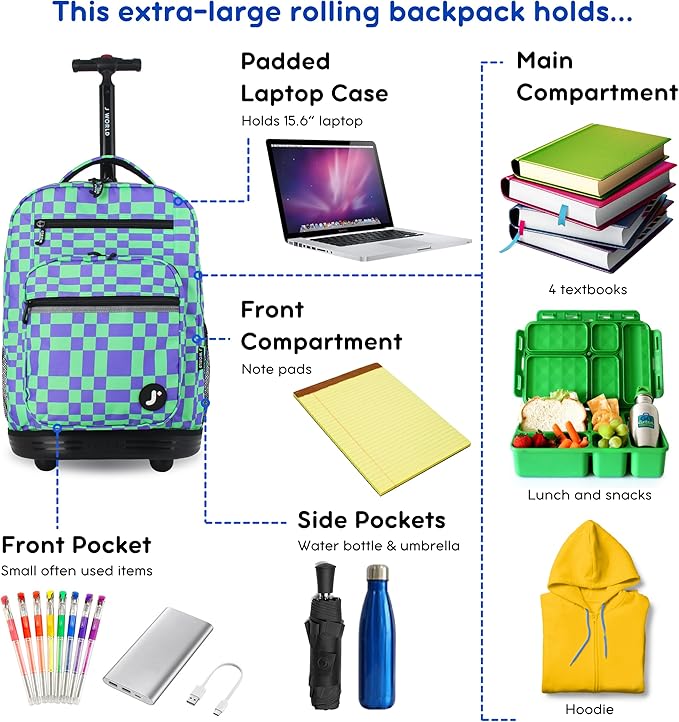 J World Sundance Laptop Rolling Backpack for Girls Boys. Roller Bookbag with Wheels, Pixel Checkers