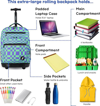 J World Sundance Laptop Rolling Backpack for Girls Boys. Roller Bookbag with Wheels, Pixel Checkers