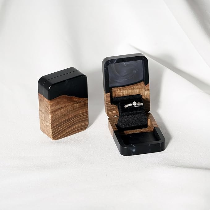 RWA Slim Engagement Ring Box for Proposal – Unique Wedding Ring Holder & Jewelry Display Case – Travel Jewelry Organizer, Ring Bearer Box, Proposal Gift, Wedding Ring Box for Ceremony, FLIP, black