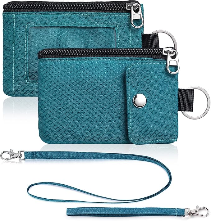Minimalist Wallet For Mens Womens, Keychain RFID Blocking Zipper Small Wallet with ID Window 2 Lanyards,Water Resistant Travel Cash Card Coin Case Boys Girls
