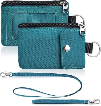 Minimalist Wallet For Mens Womens, Keychain RFID Blocking Zipper Small Wallet with ID Window 2 Lanyards,Water Resistant Travel Cash Card Coin Case Boys Girls