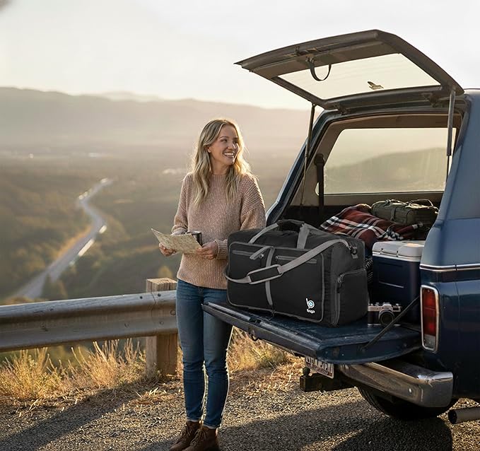 Bago Foldable Duffel Bags for Traveling Women & Men - 60L Medium Packable Duffle Bag for Travel with Shoe Compartment - Water Repellant, Heavy Duty, Lightweight Folding & Collapsible (Black)