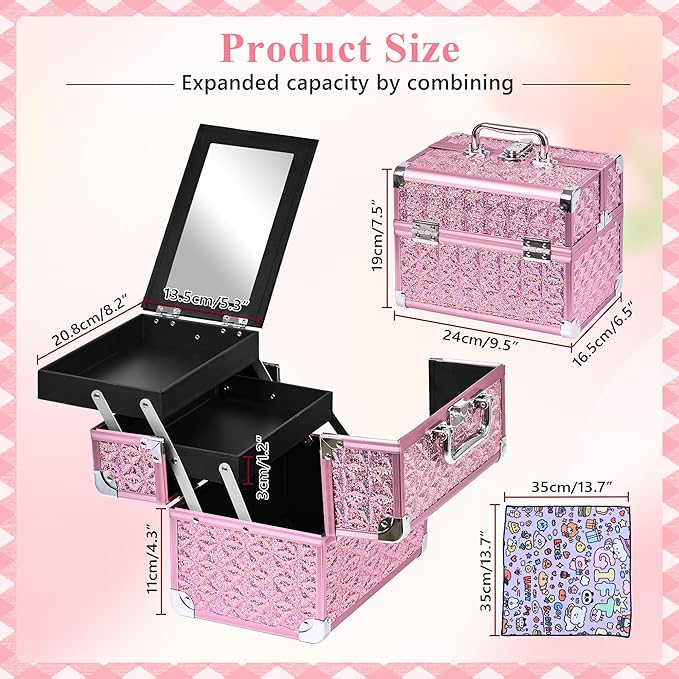 Makeup Case Organizer,Makeup Train Case, Trays Cosmetic Box Portable, Profesional for Salon Barber,Pink