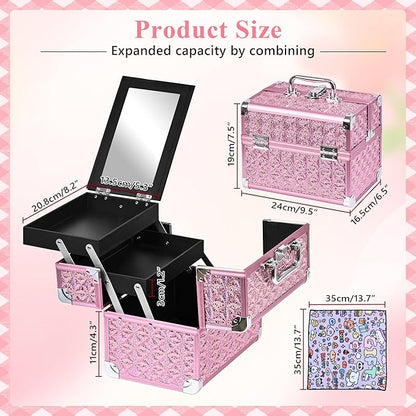 Makeup Case Organizer,Makeup Train Case, Trays Cosmetic Box Portable, Profesional for Salon Barber,Pink