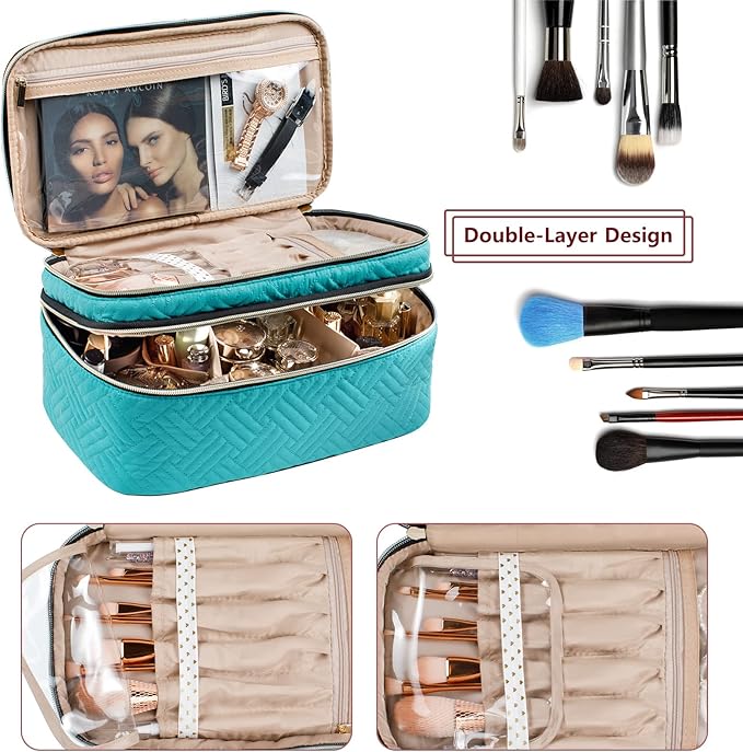 AMOIGEE Large Makeup Bag, Travel Makeup Bag Organizer, Double Layer Train Case Makeup Bag, Toiletry Bag for Makeup Brushes, Full Size Bottles, Palettes Sponge, Cosmetic Organizer