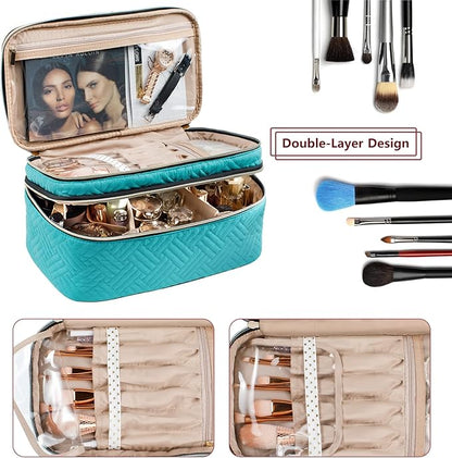 AMOIGEE Large Makeup Bag, Travel Makeup Bag Organizer, Double Layer Train Case Makeup Bag, Toiletry Bag for Makeup Brushes, Full Size Bottles, Palettes Sponge, Cosmetic Organizer