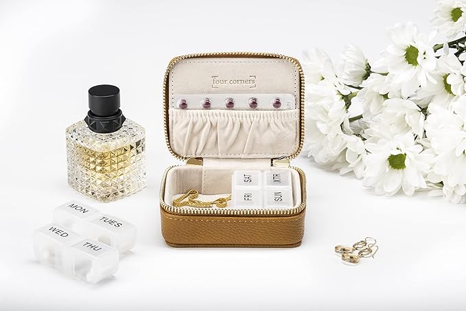 Weekly Pill Organizer 7 Day – Travel Pill Case for Vitamins & Medication, Premium Vegan Leather Pill Box with Removable Daily Compartments, Portable Supplement Organizer with Secure Zipper (Brown)