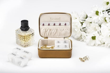 Weekly Pill Organizer 7 Day – Travel Pill Case for Vitamins & Medication, Premium Vegan Leather Pill Box with Removable Daily Compartments, Portable Supplement Organizer with Secure Zipper (Cream)