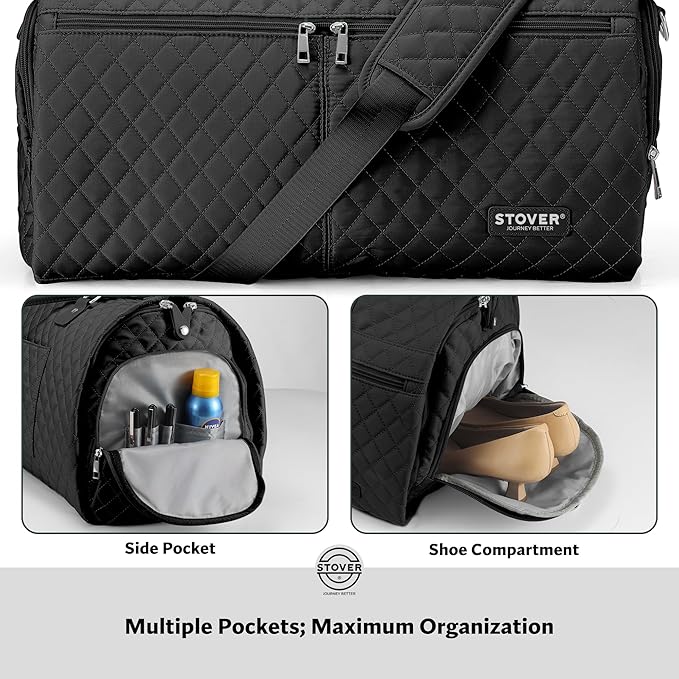 STOVER Women’s Convertible Garment Duffel Bag for Travel – 2-in-1 Carry-On Weekender/Overnight Tote - Wrinkle-Free Dresses, Hanging Suits & Clothes Plus Shoe Compartment & Bonus Toiletry Bag (Black)