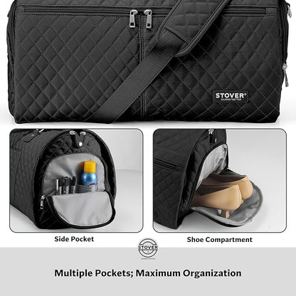 STOVER Women’s Convertible Garment Duffel Bag for Travel – 2-in-1 Carry-On Weekender/Overnight Tote - Wrinkle-Free Dresses, Hanging Suits & Clothes Plus Shoe Compartment & Bonus Toiletry Bag (Black)