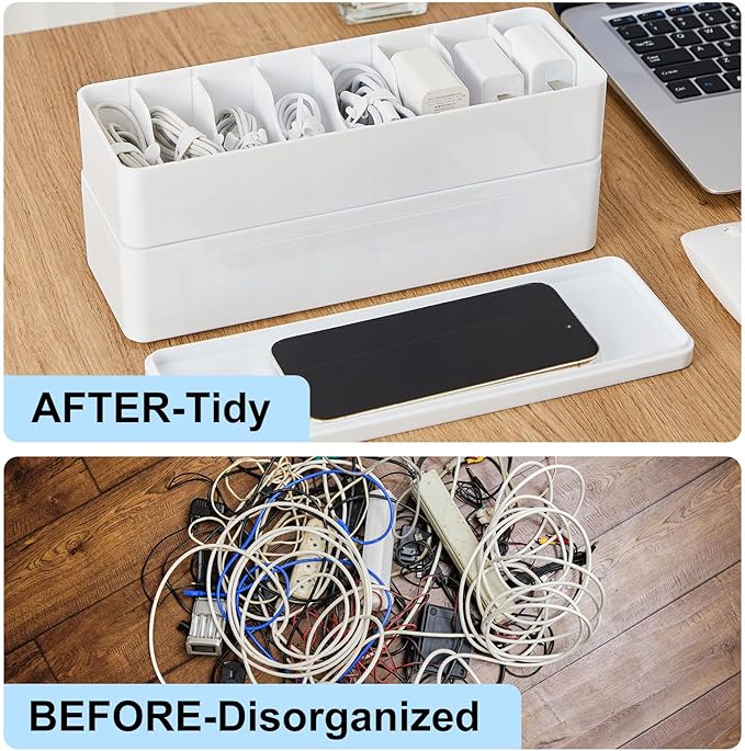 Tatuo 2 Pcs Cable Organizer Box with Wire Ties, Plastic Cord Storage Box with Lid, Electronics Organizer for Home Office Desk Organizers and Accessories (White)