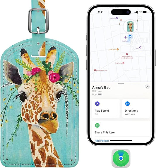 Luggage Tags Built-in Anti-Loss Tracker, Luxury Leather Luggage Tags for Suitcase, Travel Bags, Backpacks, Travel Organizer for Lost Baggage Prevention (Giraffe)