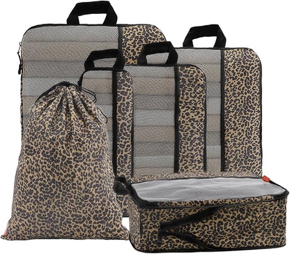 U+U 6 Set Compression Packing Cubes - Ultralight Travel Organizers with Laundry Bag, Space-Saving Suitcase Organizer, Expandable Packing Cubes for Travel, Business Trip and Family Vacation (Leopard)