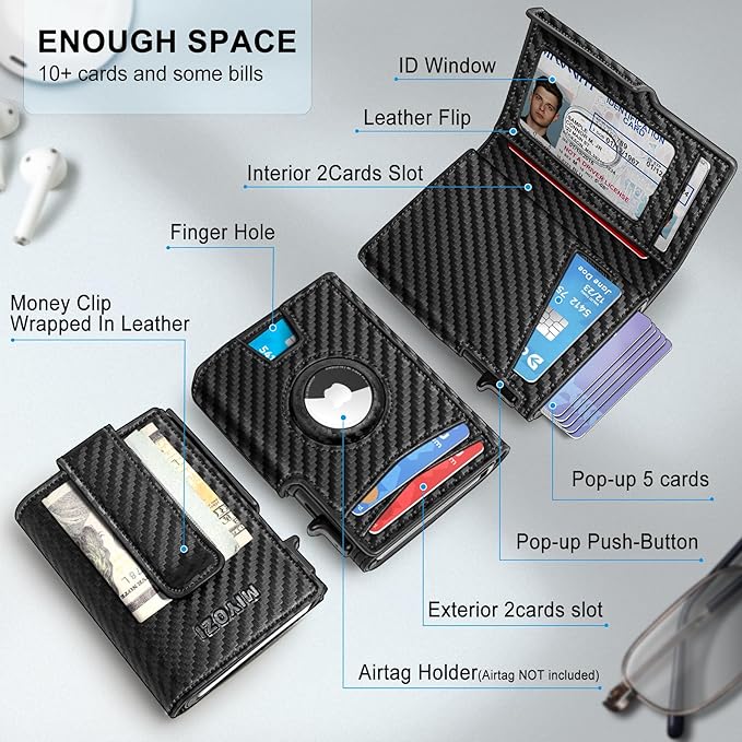 Airtag Wallet for Men,with Money Clip 10 Cards Metal Case Smart Slim Pop Up Credit Card Holder Flip with Magnetic Closure RFID Blocking wallet with Gift Box