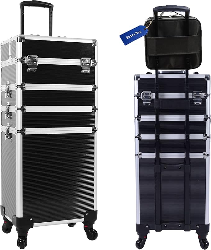 5 in 1 Professional Makeup Train Case Aluminum Cosmetic Case Rolling Makeup Case ExtraLarge Storage Organizer with Key Swivel Wheels Salon Barber Case for Make Up Nail Hairstylists, Black